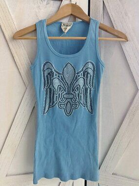 Vocal Apparel women’s juniors crystal blue fleur de lis wings tank top shirt s